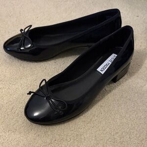 Steve Madden Black Patent Ballet Flats with Bow and Low Block Heel